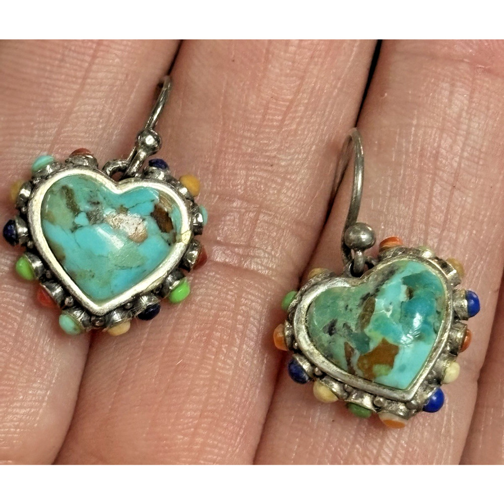 Barse 925 Sterling Turquoise Heart Dangle Earrings With Multi Gemstone Accent 1" - Picture 2 of 10